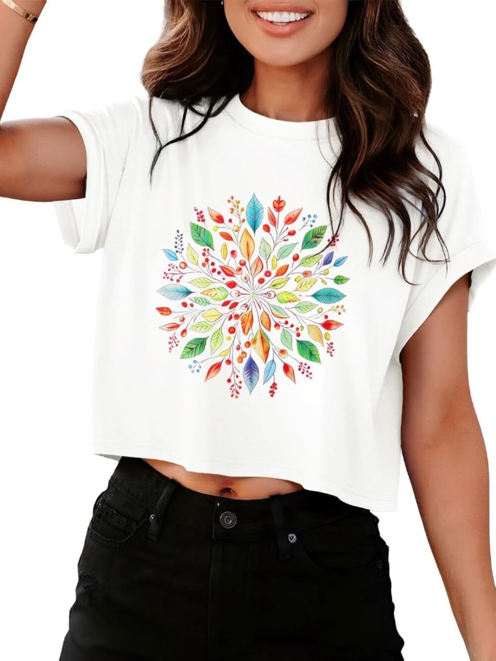 Women's White Floral Short Sleeve Loose Fit T Shirts Casual Round Neck Crop Tops